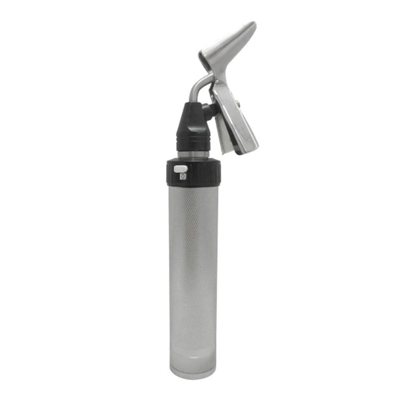 Metallic syringe with a nozzle on a white background