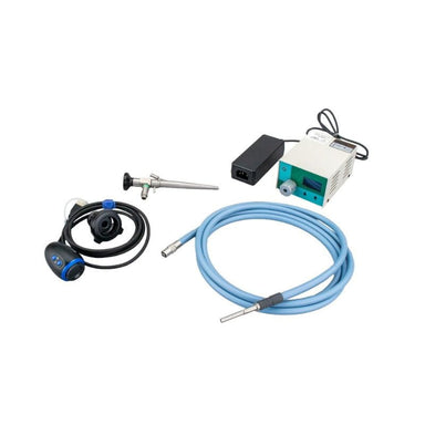 Electrical components including a power adapter, cables, and connectors on a white background