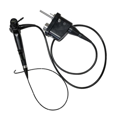Endoscopic scope with a flexible black-coated tube, curved tip, and central control unit on a plain white background.