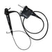 Endoscopic scope with a flexible black-coated tube, curved tip, and central control unit on a plain white background.