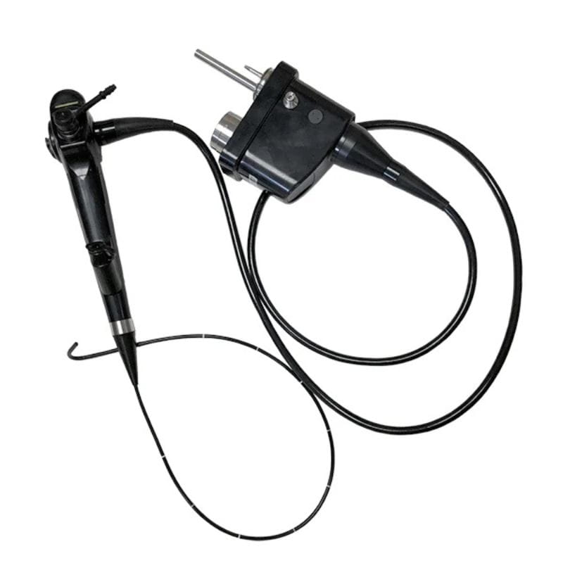 Endoscopic scope with a flexible black-coated tube, curved tip, and central control unit on a plain white background.