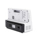 White and black electronic device shown from the back, featuring ventilation grilles, a handle cutout, ports, and a power input, isolated on a white background.