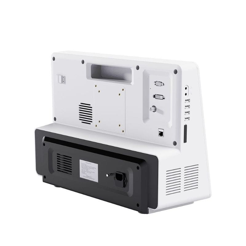 White and black electronic device shown from the back, featuring ventilation grilles, a handle cutout, ports, and a power input, isolated on a white background.