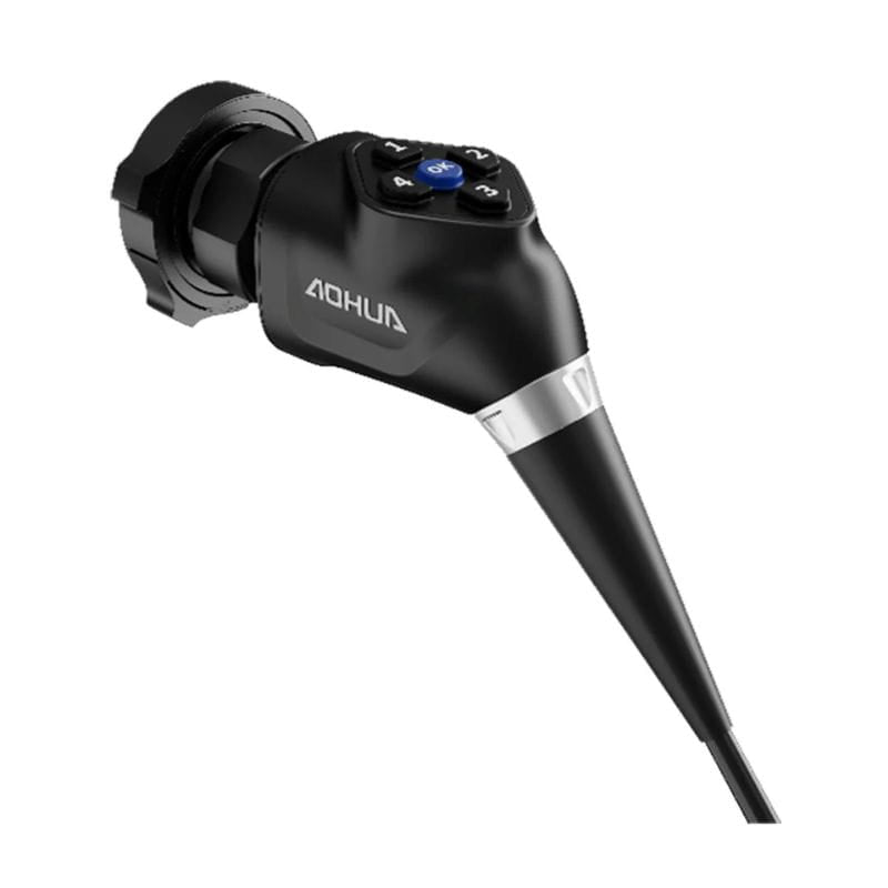 A black AOHUA professional video scope or endoscope camera tip with a control button panel, shown on a solid white background.