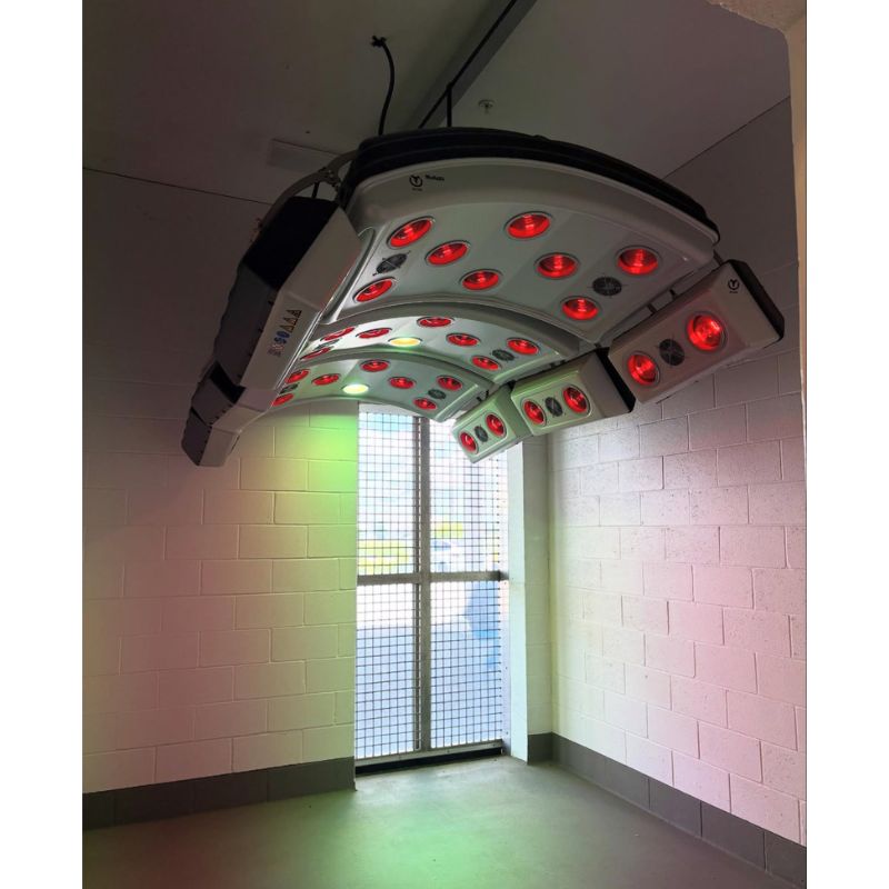 Hanging Equine Solarium MaXuSS Pro 230 in a room with tiled walls and a window.