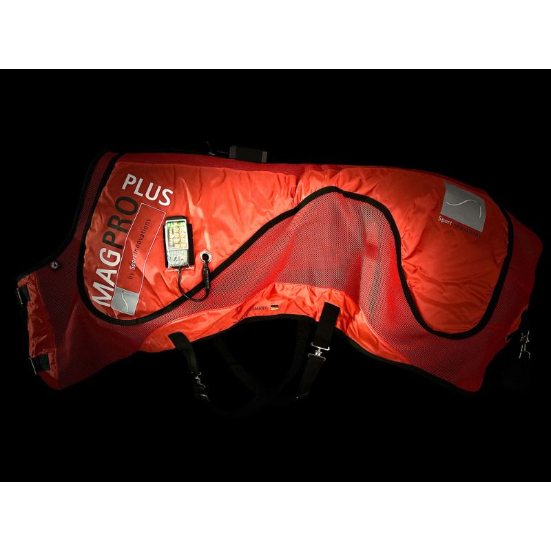 Red horse blanket with 'Magpro Plus' branding on a black background