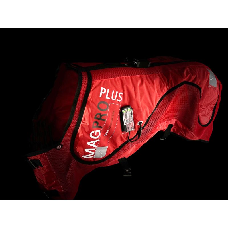Red horse blanket with 'MagPro Plus' branding on a black background