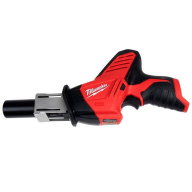 Milwaukee cordless electric rivet gun with red and black body, silver metal chuck, and black bit, shown on a white background.