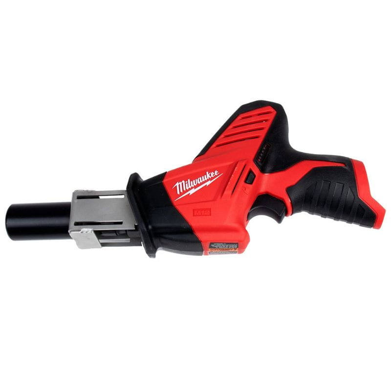 Milwaukee cordless electric rivet gun with red and black body, silver metal chuck, and black bit, shown on a white background.