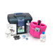 Collection of medical equipment including a pink Equine nebulizer, bottles, and a black case on a white background