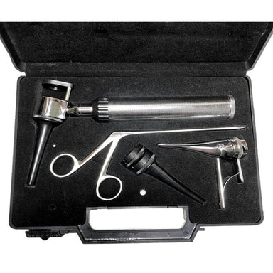 Set of medical instruments in a black case with a brand logo.