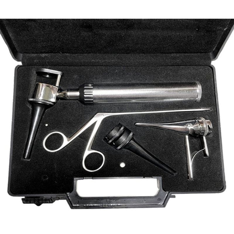 Set of medical instruments in a black case with a brand logo.