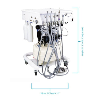 A dental mobile operating unit with multiple handpieces, tubing, a white control and measures written in blue. 