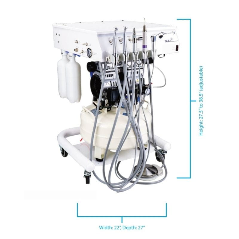 A dental mobile operating unit with multiple handpieces, tubing, a white control and measures written in blue. 