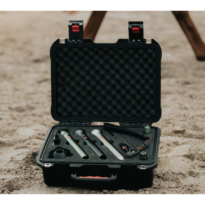 Portable shockproof hard case containing PowerMedic VET lasers, rechargeable Li-Ion batteries, and charger