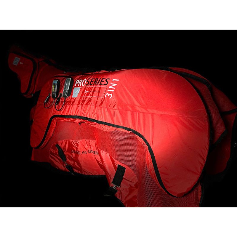 Red equestrian blanket cover with 'Pro Series' branding on a black background