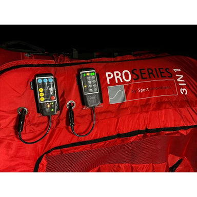 Red sports equipment bag with electronic devices on a white background
