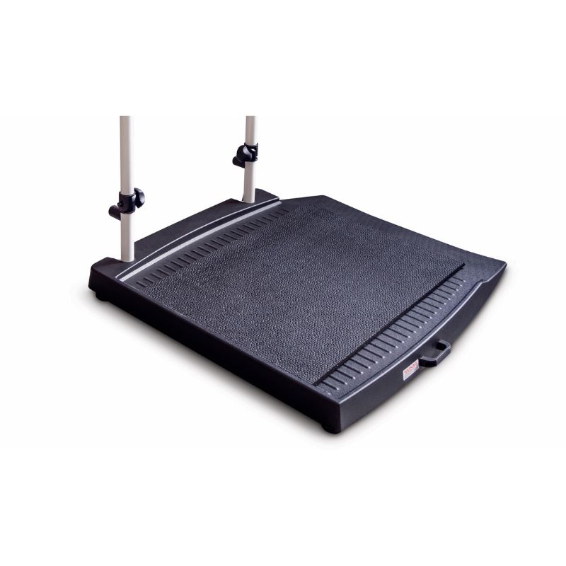 Black adjustable platform with legs on a white background