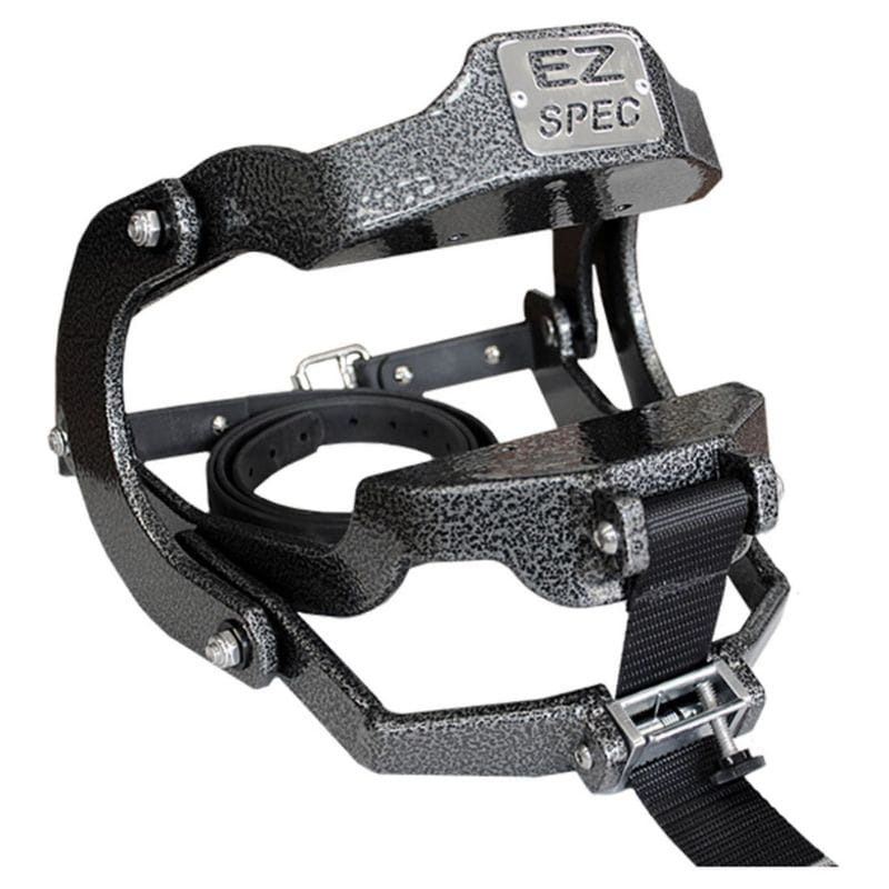 Black metal foot shackle with 'EZ Spec' branding on a white background