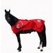 Horse wearing a red blanket with visible branding on a white background