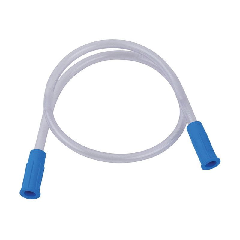 Clear plastic tube with blue connectors on a white background