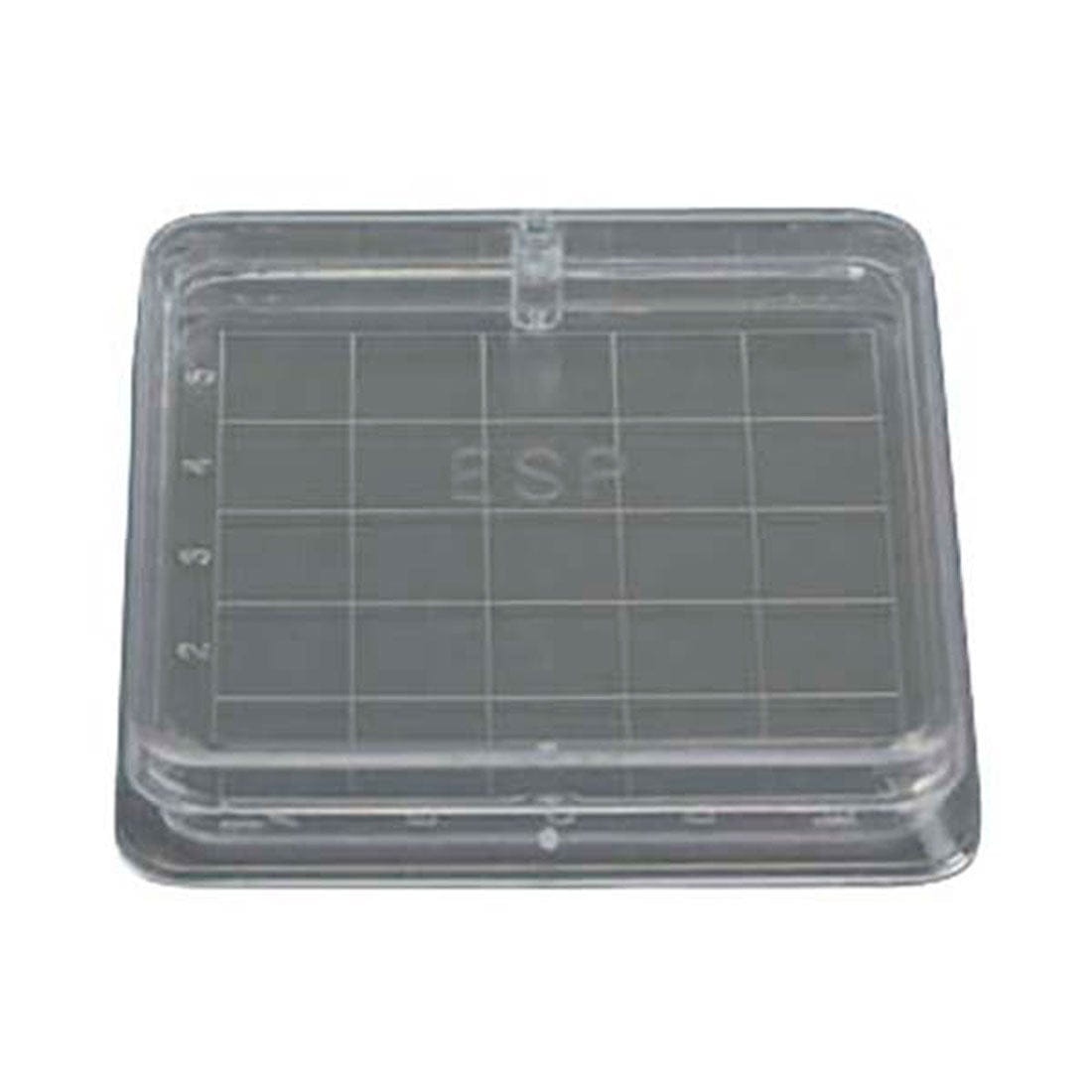 Clear plastic tray with grid and measurement markings on a white background