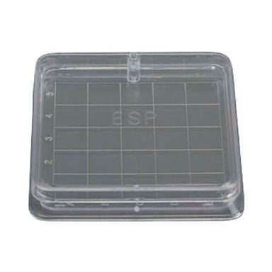 Clear plastic tray with grid and measurement markings on a white background