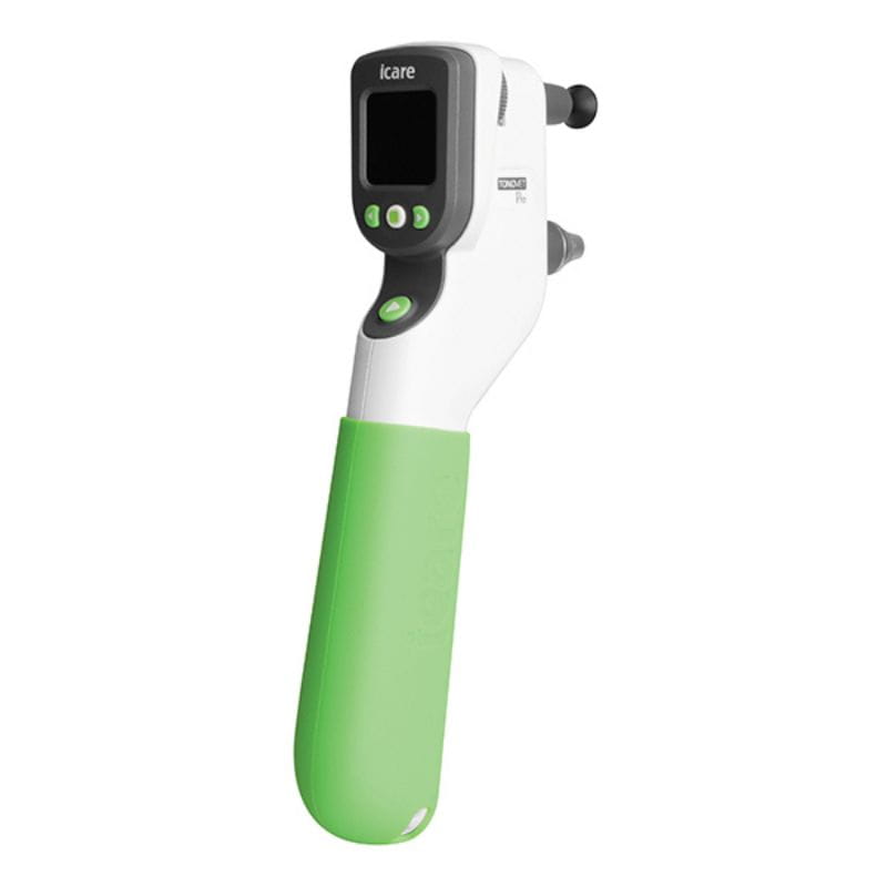 Green and white iCare infrared thermometer on a white background