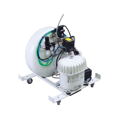 An industrial pneumatic air compressor with an integrated regulator and filter, mounted on a white metal wheeled base. The unit features a large white cylindrical tank, a white ribbed motor housing, black and silver metal components, and various colored pneumatic tubes.