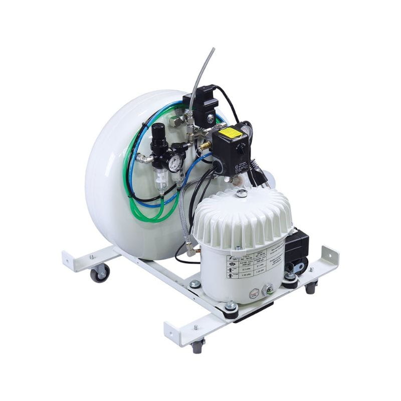 An industrial pneumatic air compressor with an integrated regulator and filter, mounted on a white metal wheeled base. The unit features a large white cylindrical tank, a white ribbed motor housing, black and silver metal components, and various colored pneumatic tubes.