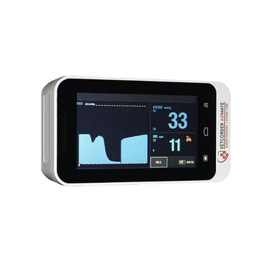 A Vetcors AirMate portable blood gas analyzer with a white casing and a black screen displaying oxygen levels and a waveform, set against a plain white background.