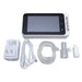 A digital liquid level meter kit with a white and black handheld screen, a white power adapter, a white USB charging cable, a clear tubing connector, and a clear plastic filter, arranged on a white background.