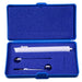 Blue foam-lined case with white and silver tools on a white background