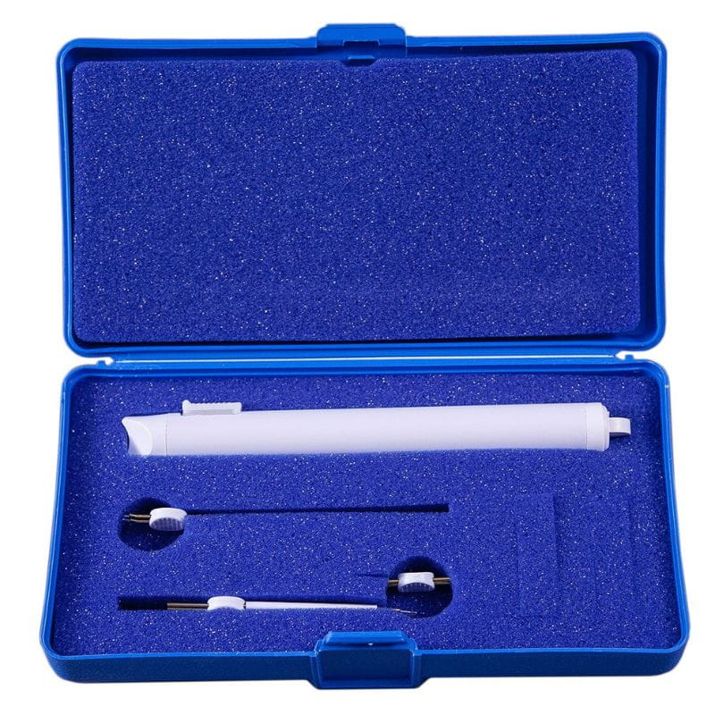 Blue foam-lined case with white and silver tools on a white background