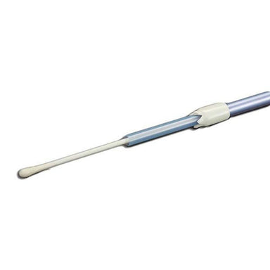 Long cylindrical object with a white handle and blue body on a white background