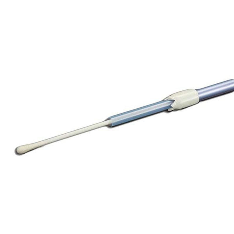 Long cylindrical object with a white handle and blue body on a white background