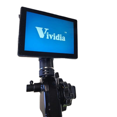 Monitor showing Vividia brand on blue and white