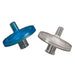 Two metal components, one blue and one silver, on a white background