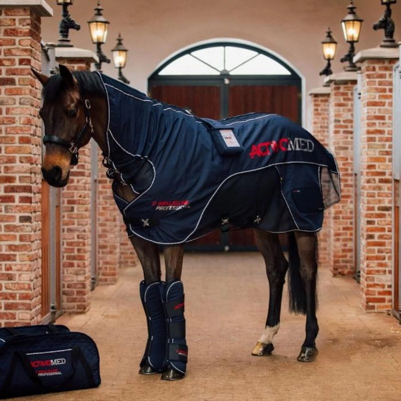Horse wearing a navy blue blanket with 'ACTIVOC MED' branding in a stable setting.