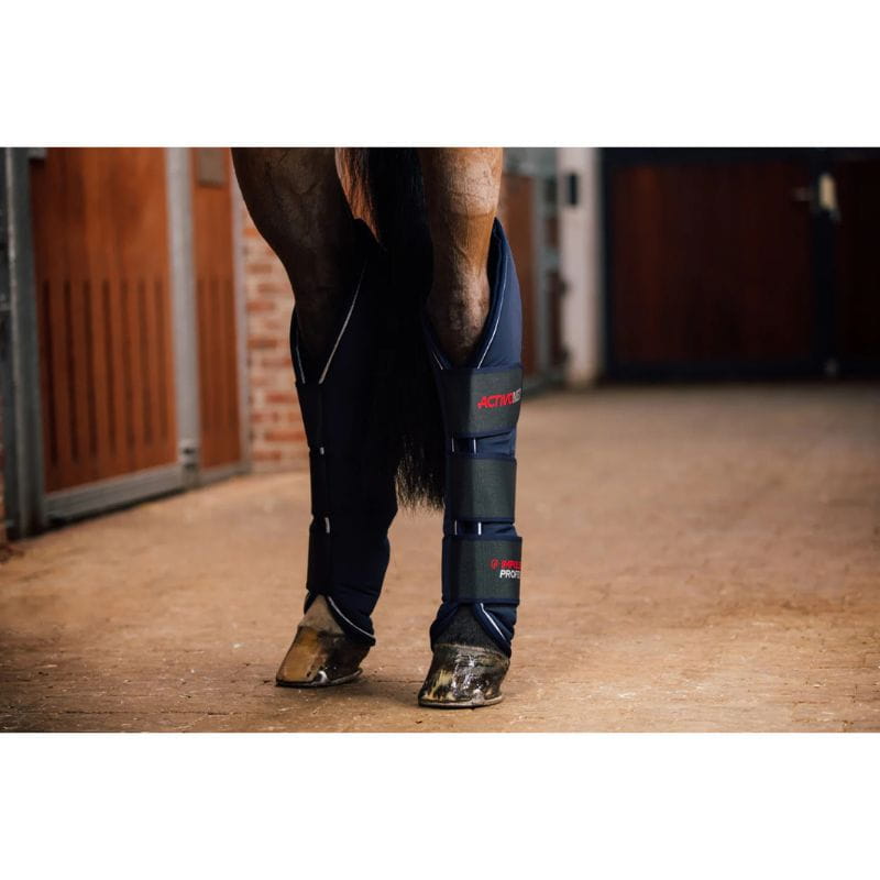 Horse leg with protective boot in a stable setting