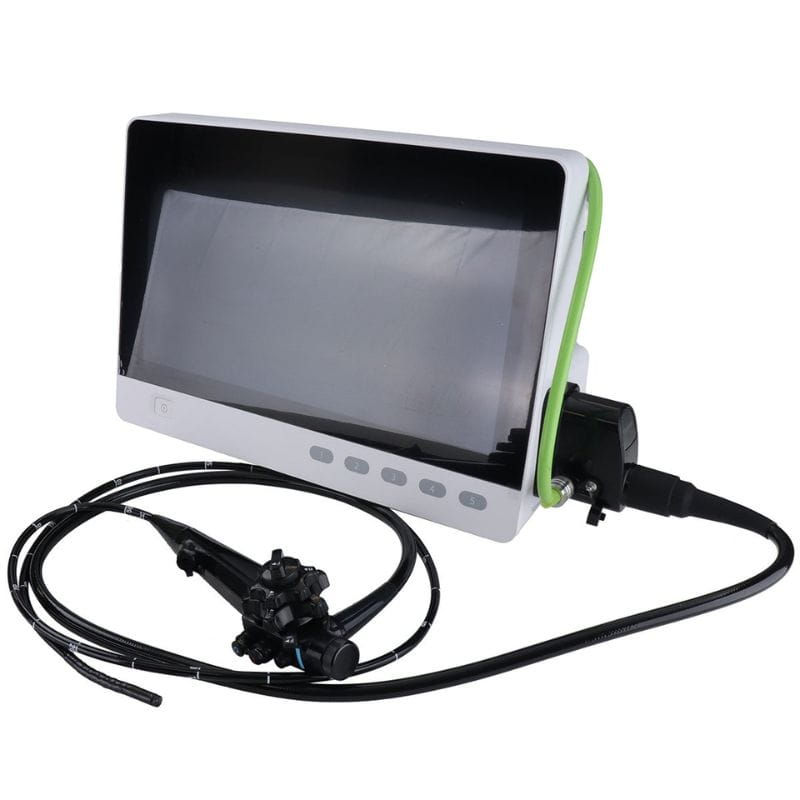 Endoscopic camera monitor system with a white and black screen unit, green side trim, attached black cables, and a black probe on a white background.