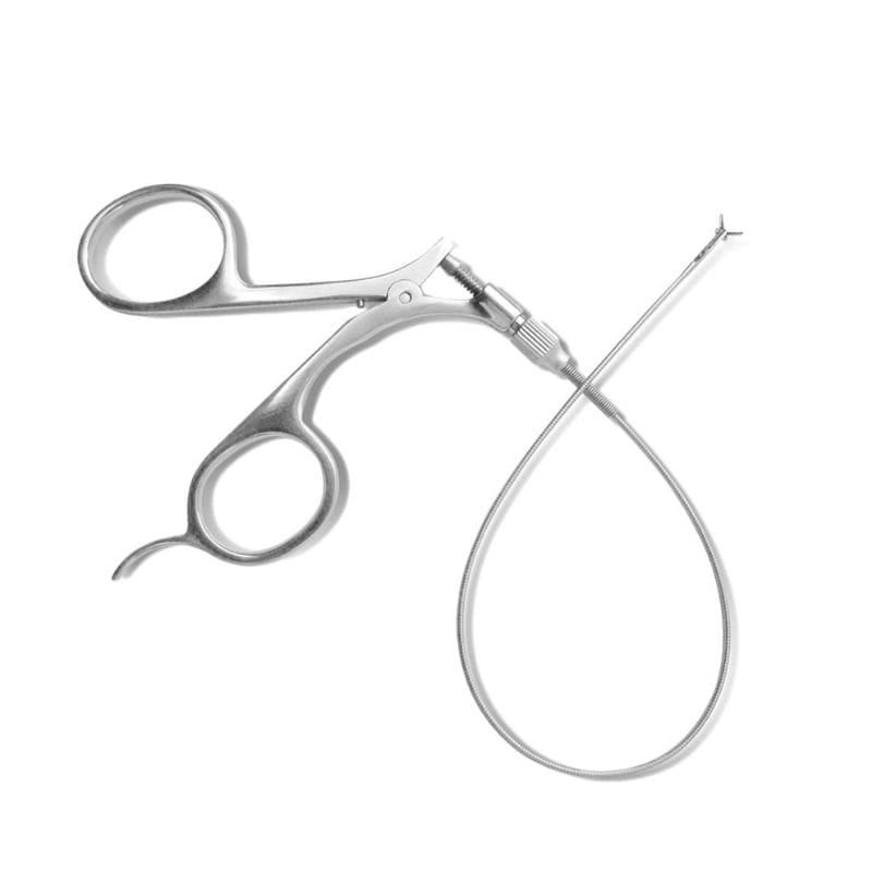 Stainless steel surgical scissors with a long needle on a white background