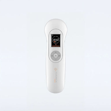A white handheld digital thermometer with a small color display screen and a central button, shown against a light gray background. The brand name 'AMERICA' is printed vertically near the bottom.