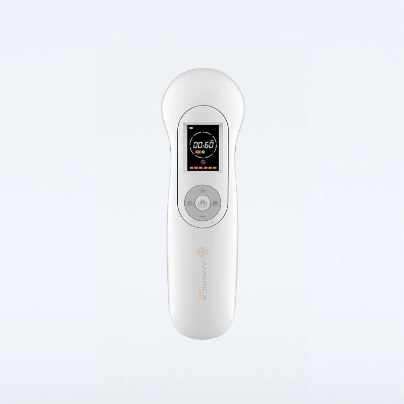 A white handheld digital thermometer with a small color display screen and a central button, shown against a light gray background. The brand name 'AMERICA' is printed vertically near the bottom.