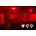 Horse in a stable with red lighting and three light bulb icons below.