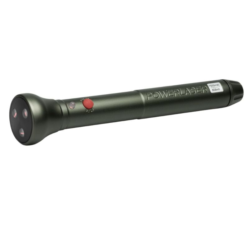 green laser in white background with powerlaser branded in green