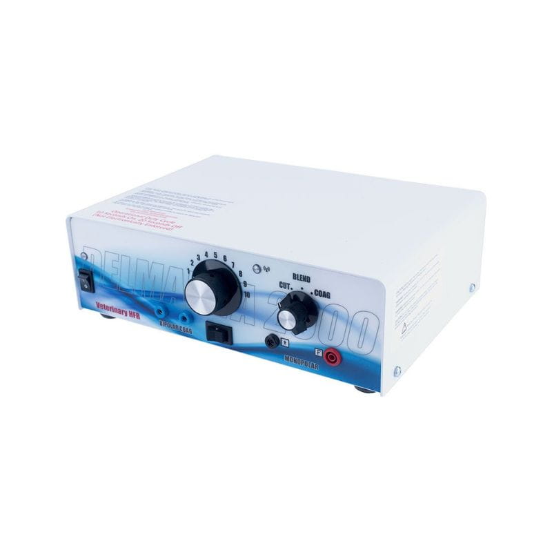 A white and blue desktop power supply unit with two black rotary knobs, a power switch, and various input/output connectors on the front panel.