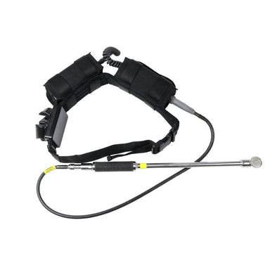 Equine dental motor system with a black waist belt, flexible cable, and long stainless steel driving shaft on a white background.