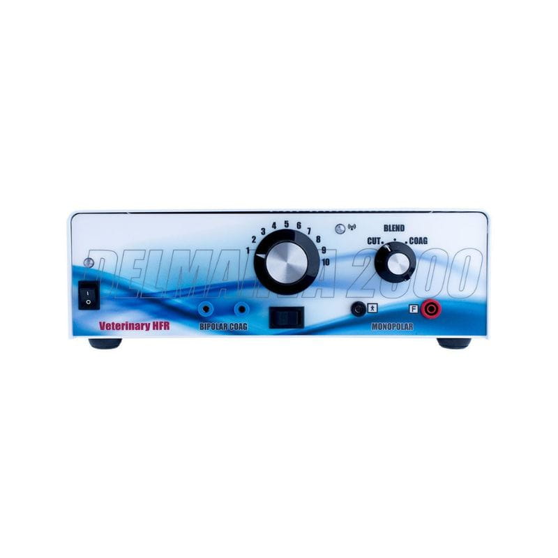 Front view of a Delma Labs 2000 Veterinary HFR electronic device with a white and blue front panel, featuring two black rotary knobs, a power switch, and various control labels.