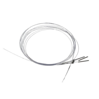 Coiled metal cable with two connectors on a white background